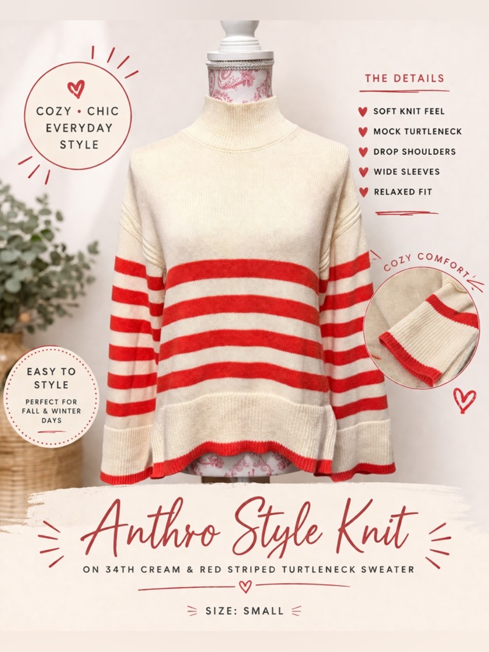 ON 34th Striped Cream and Red Turtleneck Soft Cozy Oversized Knit Sweater Sz S